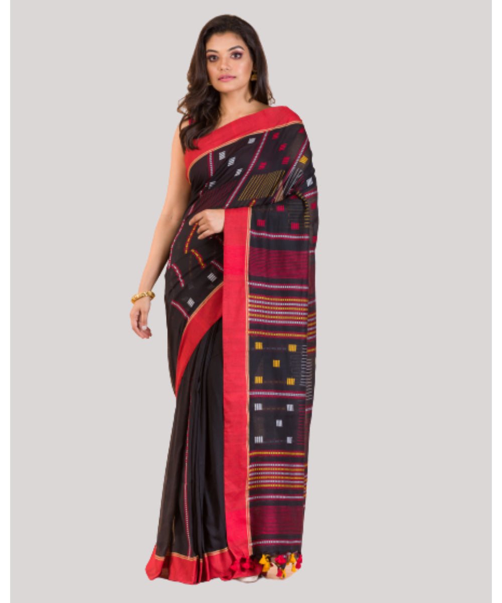 Black red handwoven bengal cotton jamdani saree
