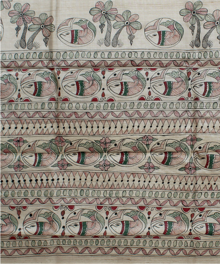 Beige multicolour hand painted madhubani kosa tussar silk saree