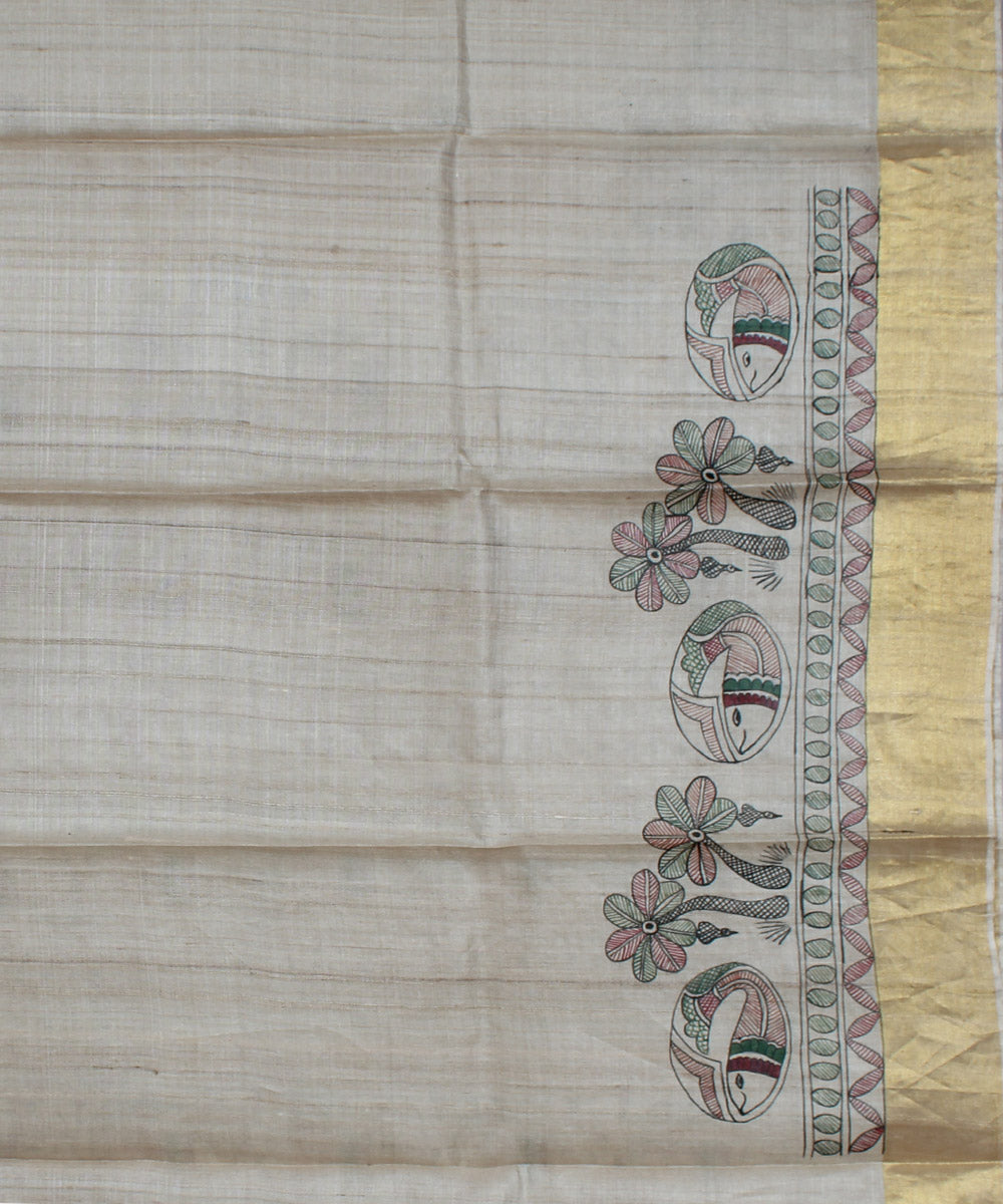 Beige multicolour hand painted madhubani kosa tussar silk saree
