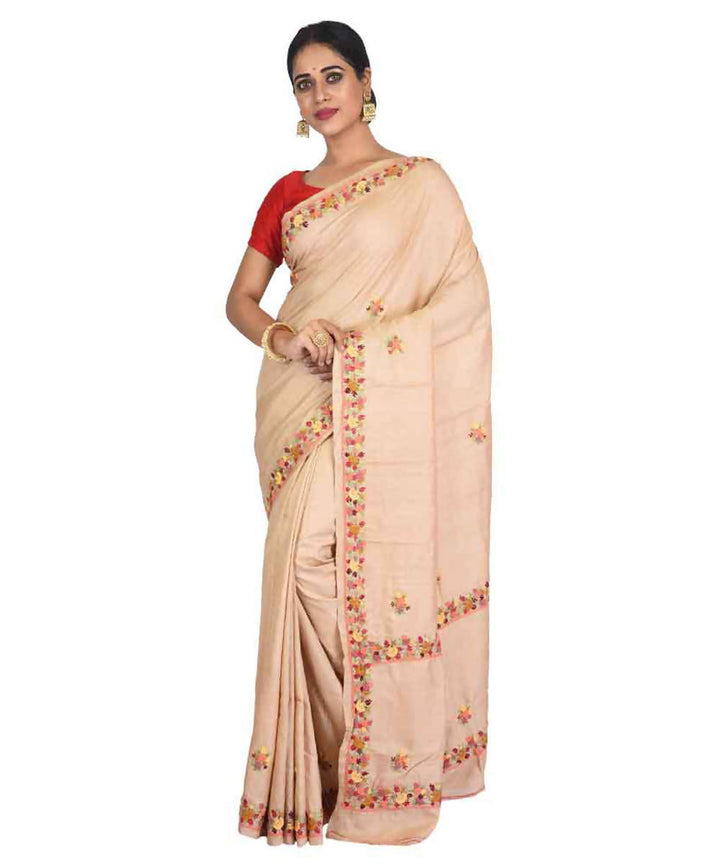 Beige bengal hand embroidery tussar silk saree