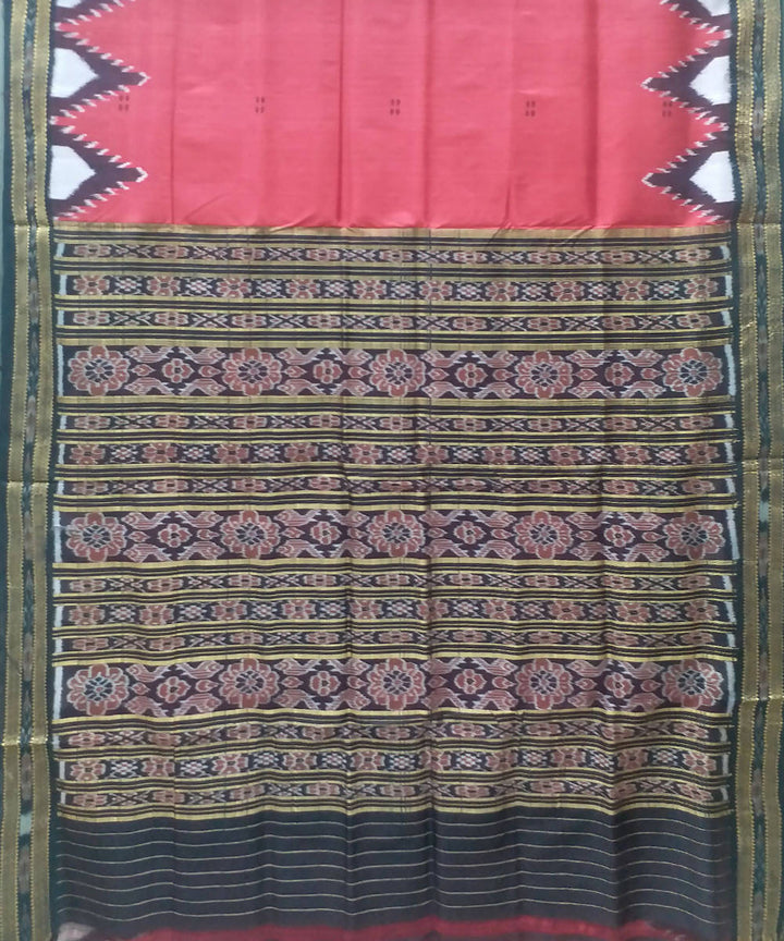 Cherry red black handwoven silk khandua saree