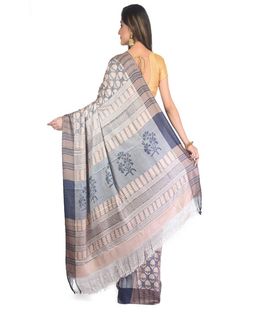 Steel grey handblock printed eri silk saree