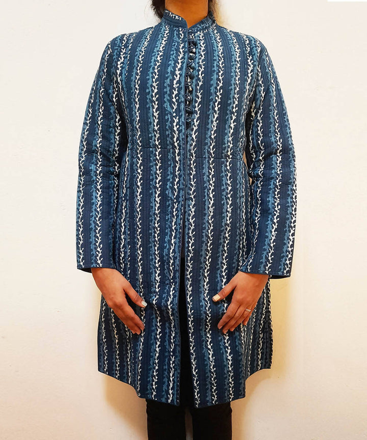 Indigo navy handblock printed cotton quilted long jacket