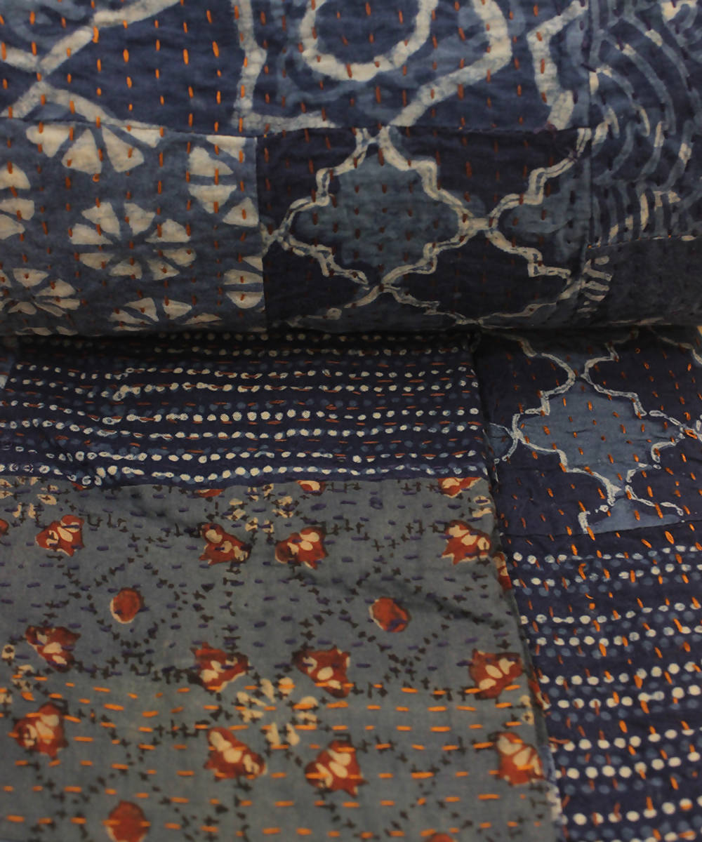 Indigo blue printed patchwork tanka cotton double bed quilt