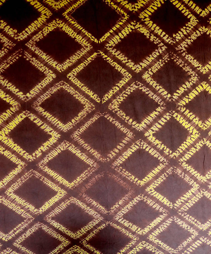 Yellow brown tie dye shibori printed cotton fabric