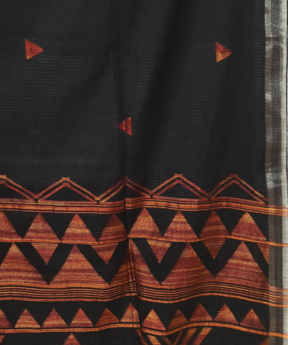 Handloom black and brown jamdani muslin saree with silver zari border