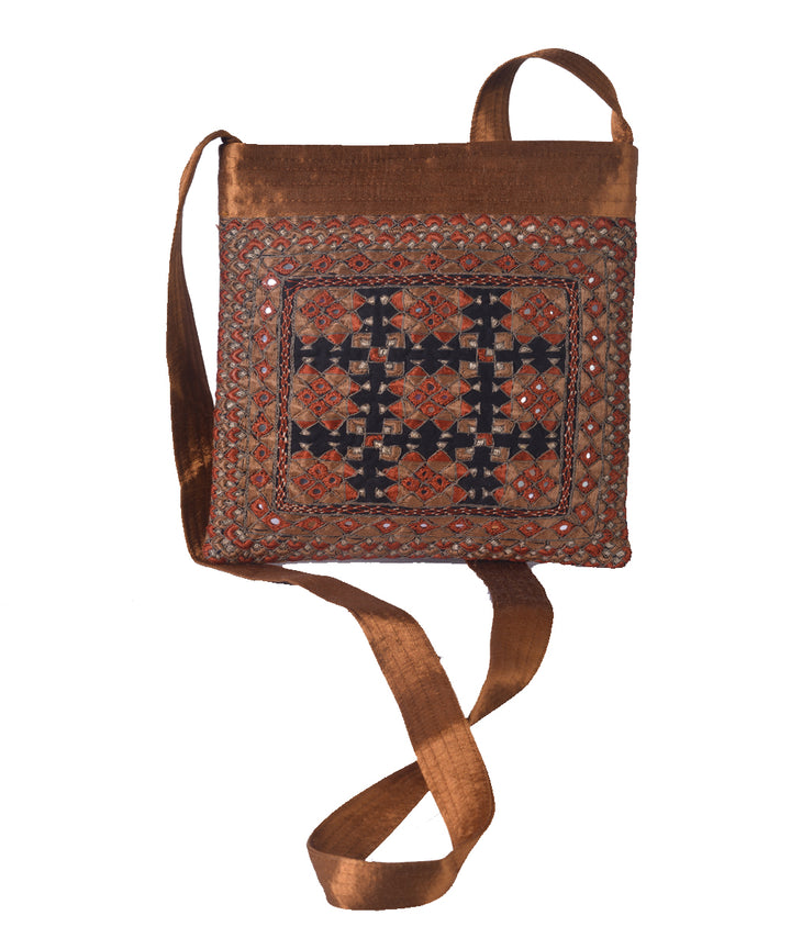 Rust multi color kutchy hand embroidery mashroo cross body bag