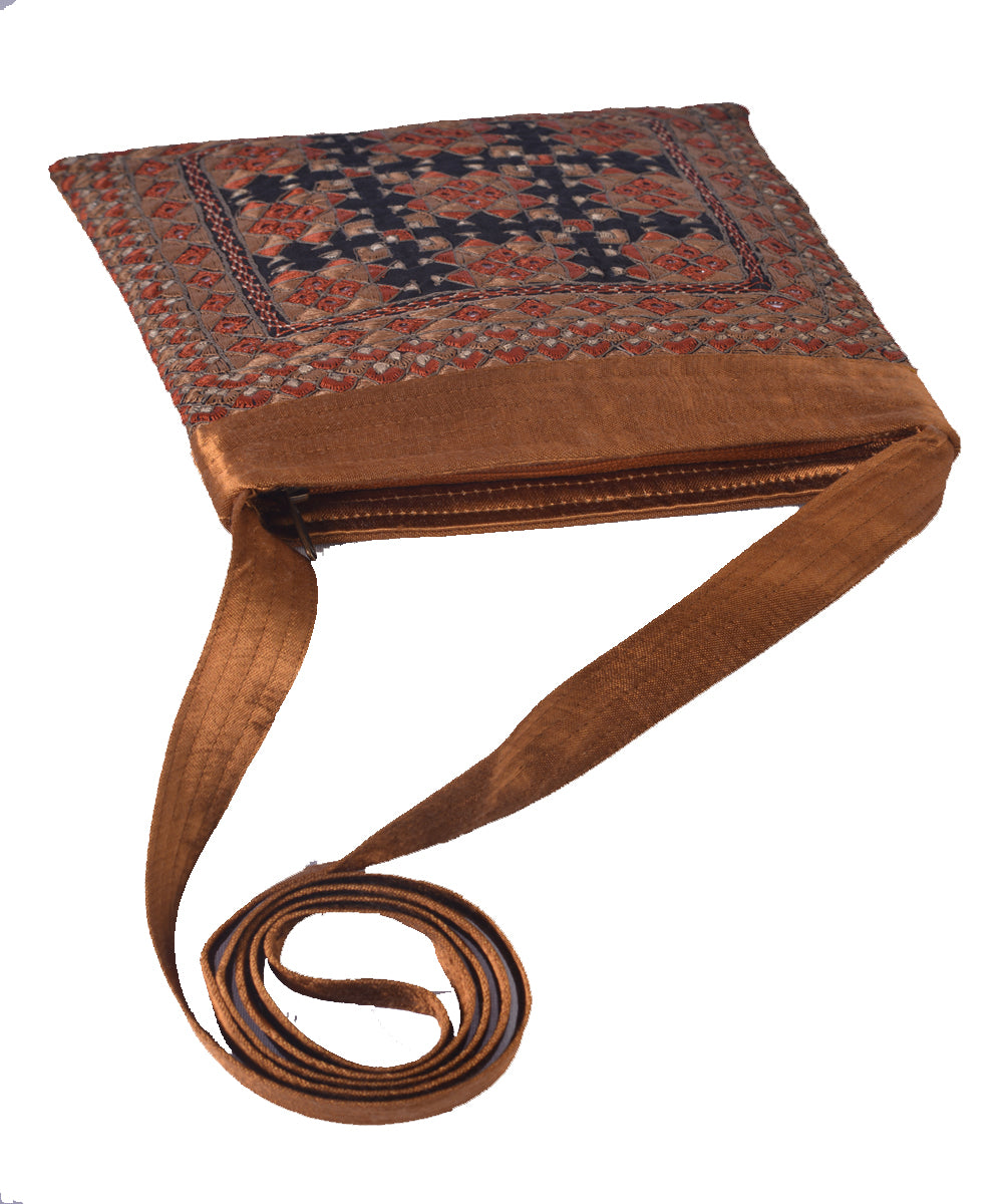 Rust multi color kutchy hand embroidery mashroo cross body bag