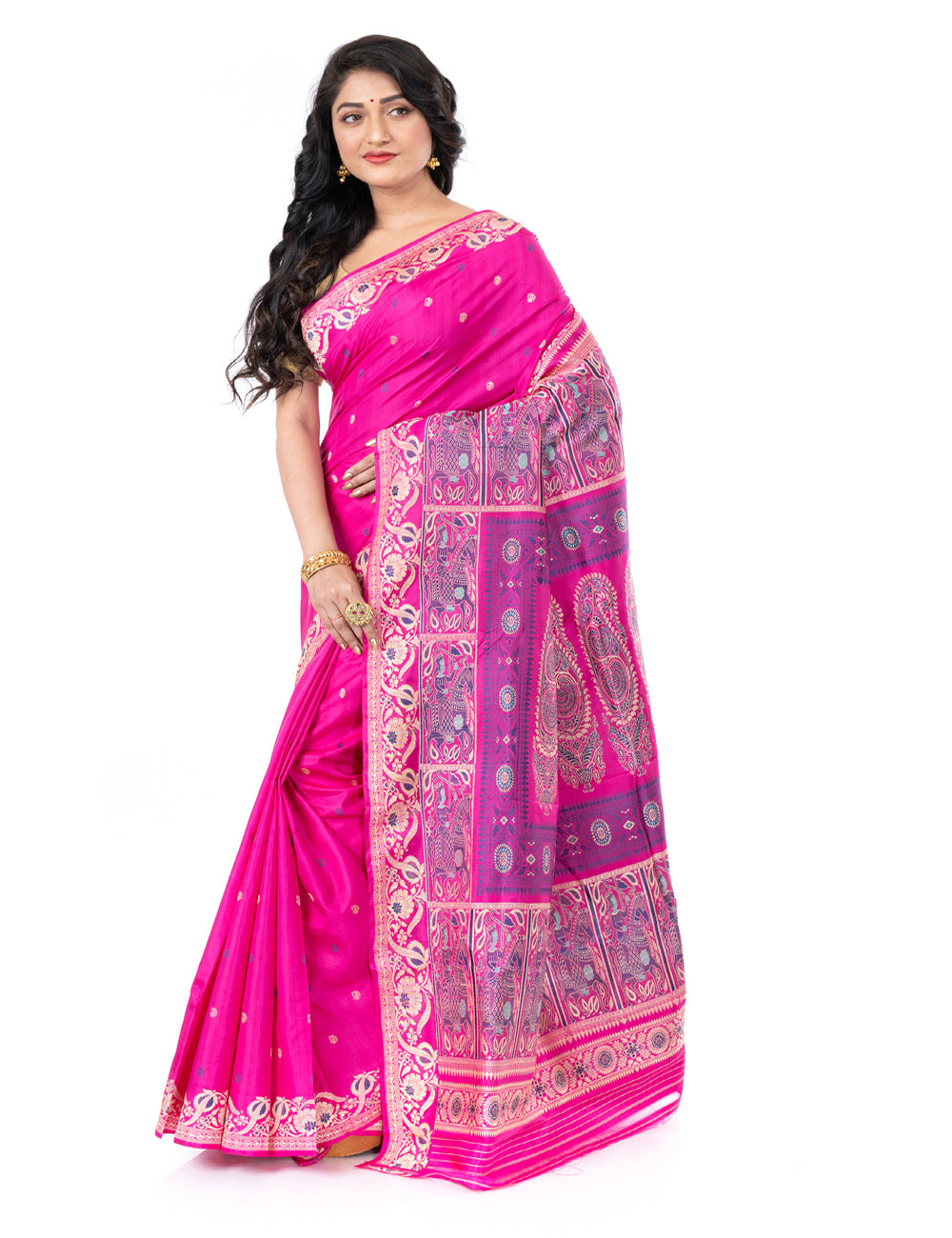 Purple pink handwoven malda silk swarnachari baluchari saree