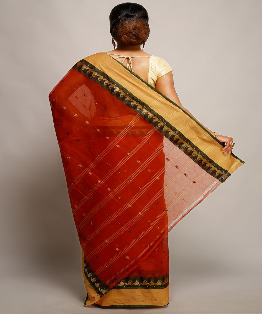 Maroon mustard handwoven tangail tant cotton bengal saree