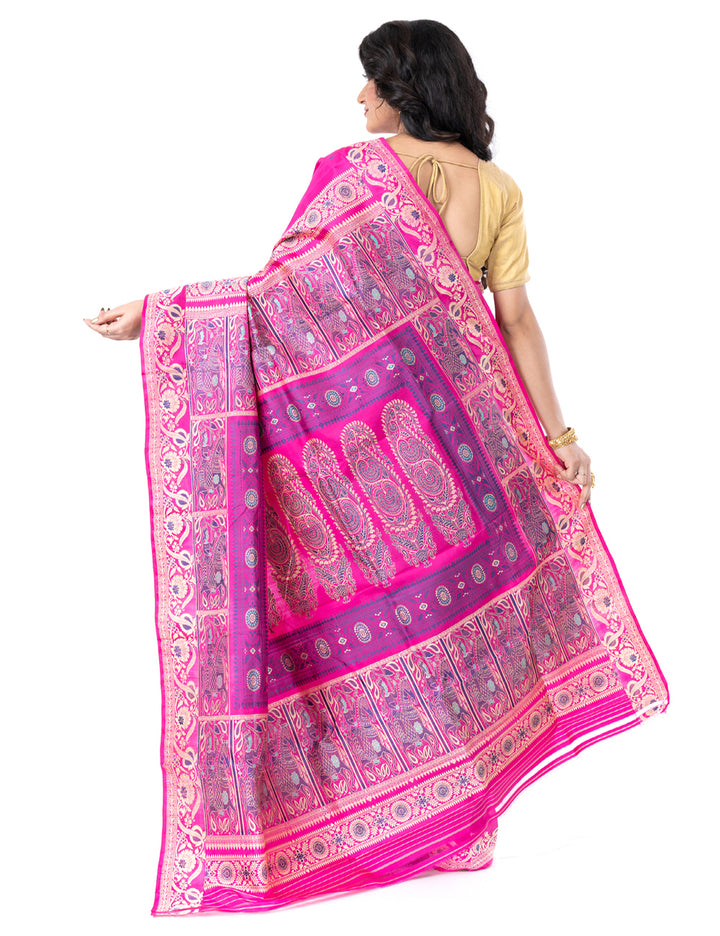 Purple pink handwoven malda silk swarnachari baluchari saree