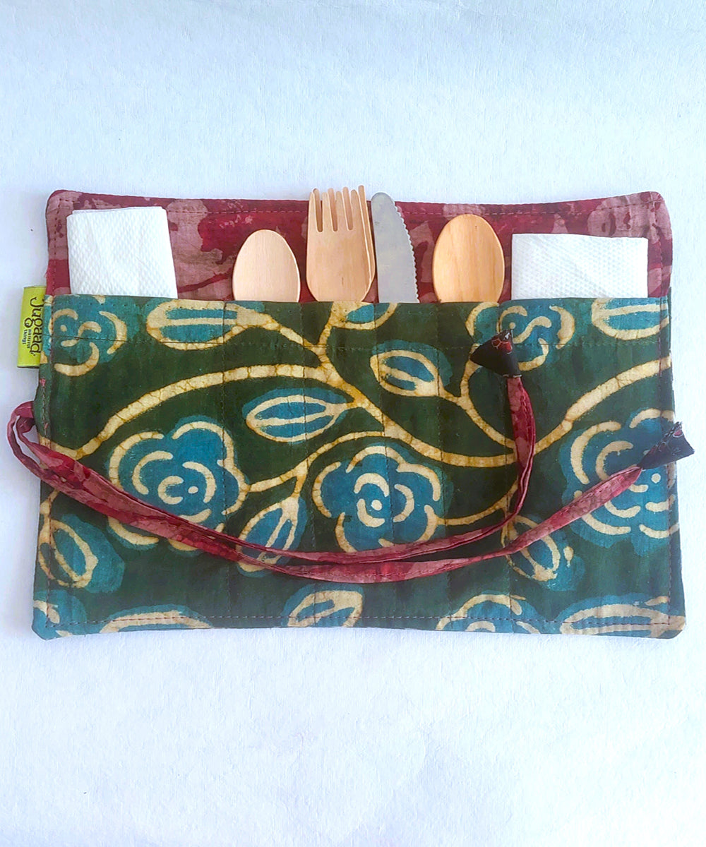 Green blue handcrafted cotton cutlery pouch