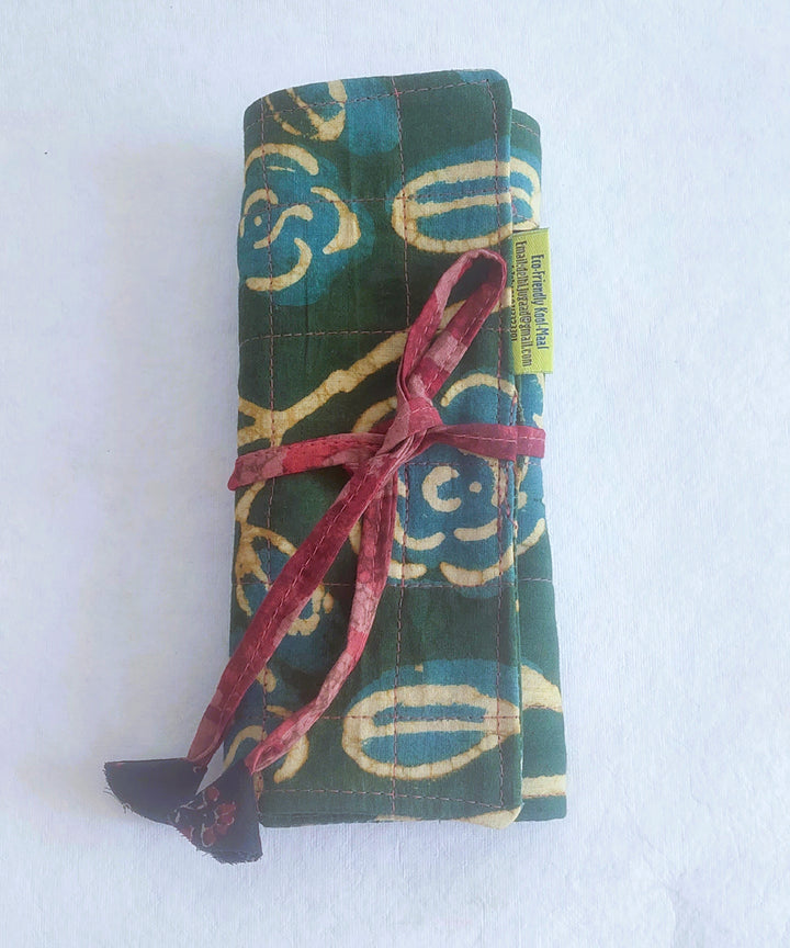 Green blue handcrafted cotton cutlery pouch