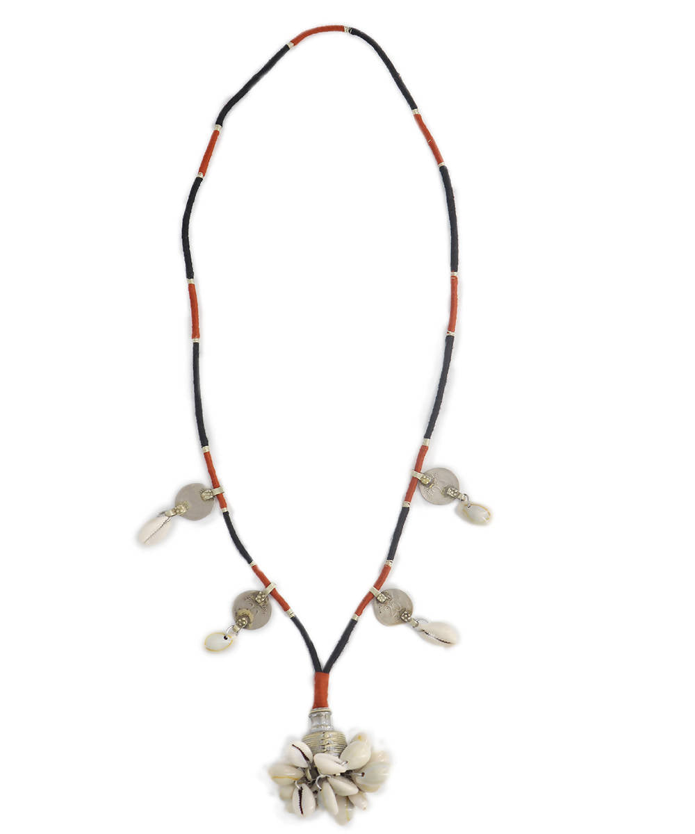 Boho repurposed metal and cowry necklace with fine thread wrapping