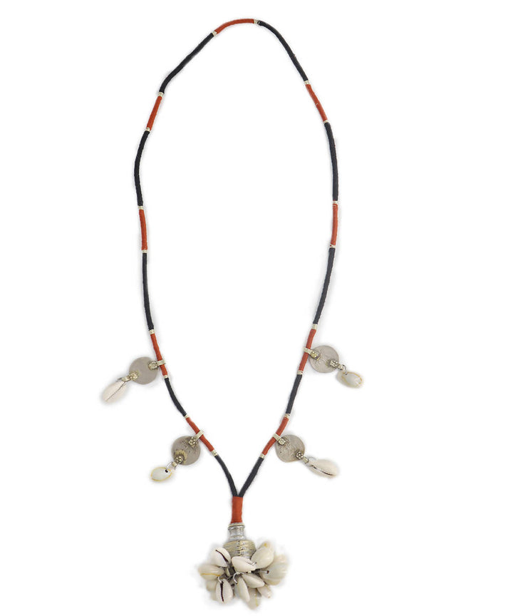 Boho repurposed metal and cowry necklace with fine thread wrapping