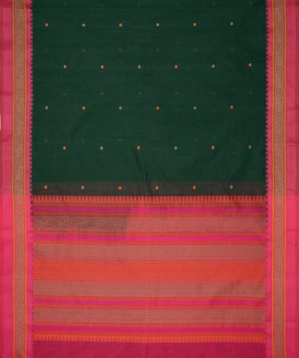 Dark green pink thread work handwoven cotton kanchi saree