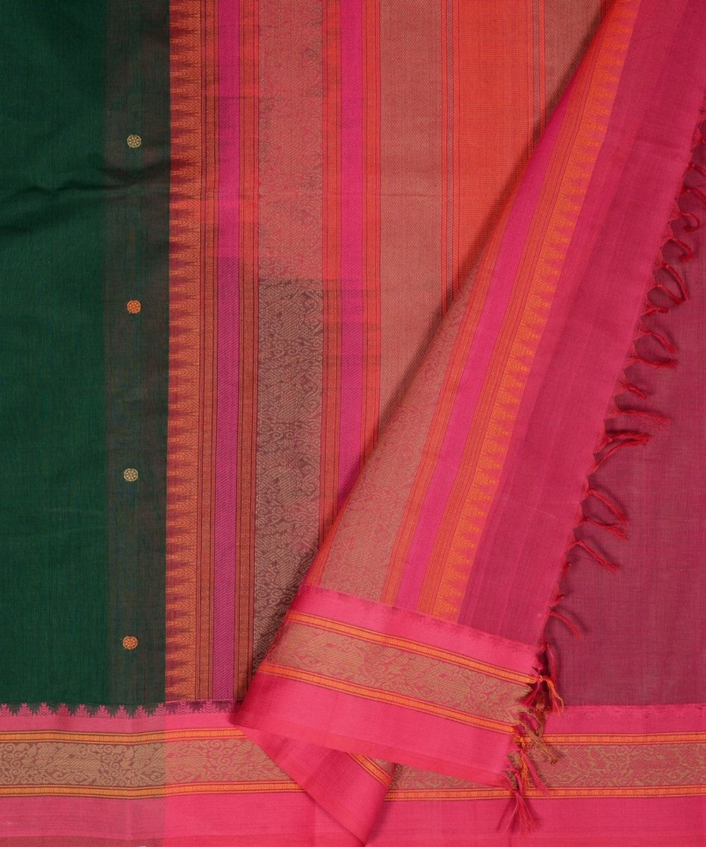 Dark green pink thread work handwoven cotton kanchi saree
