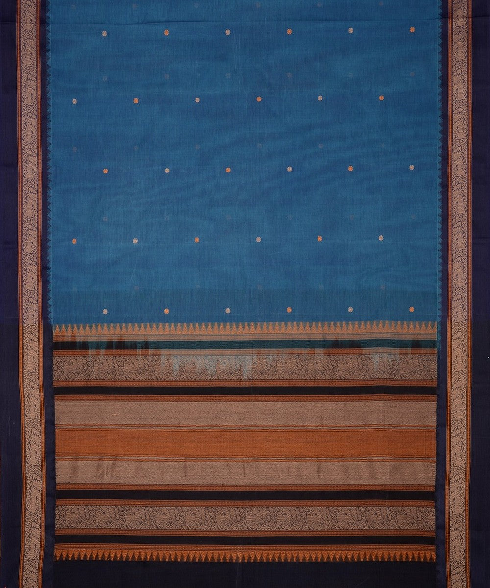 Cyan blue thread work handwoven cotton kanchi saree