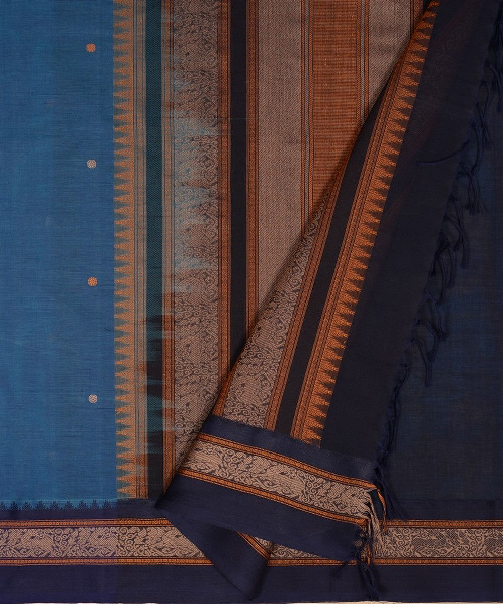 Cyan blue thread work handwoven cotton kanchi saree