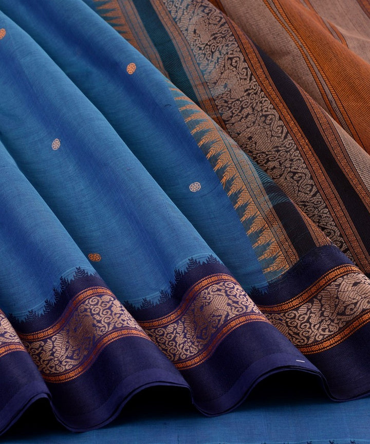 Cyan blue thread work handwoven cotton kanchi saree