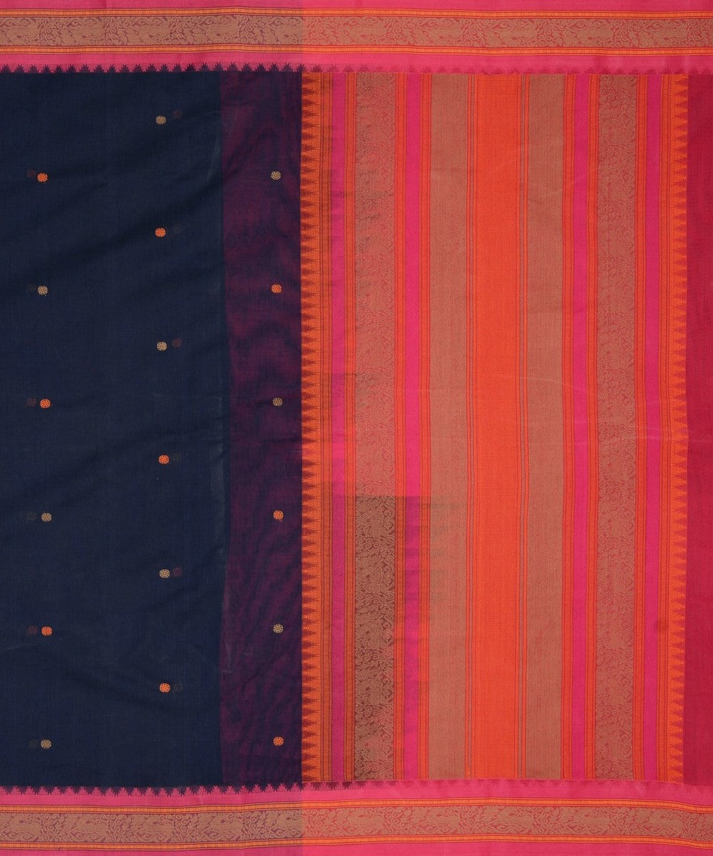Navy blue pink thread work handwoven cotton kanchi saree