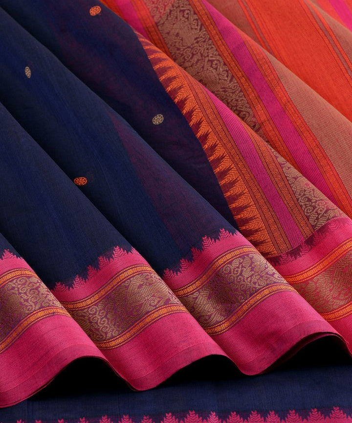 Navy blue pink thread work handwoven cotton kanchi saree