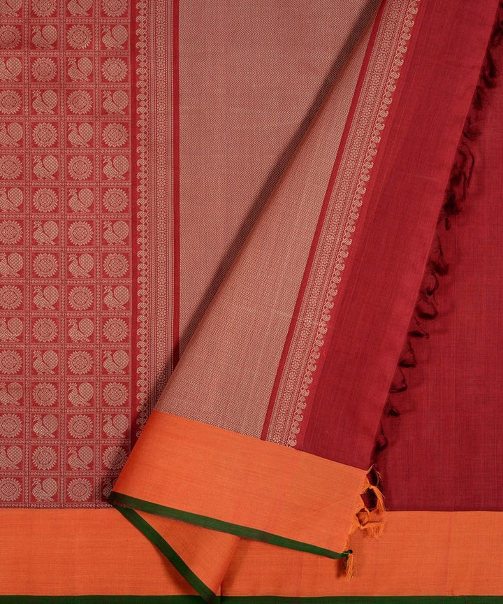 Maroon mayil chakram thread work handwoven cotton kanchi saree
