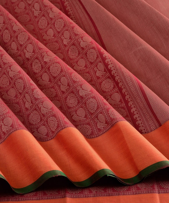 Maroon mayil chakram thread work handwoven cotton kanchi saree