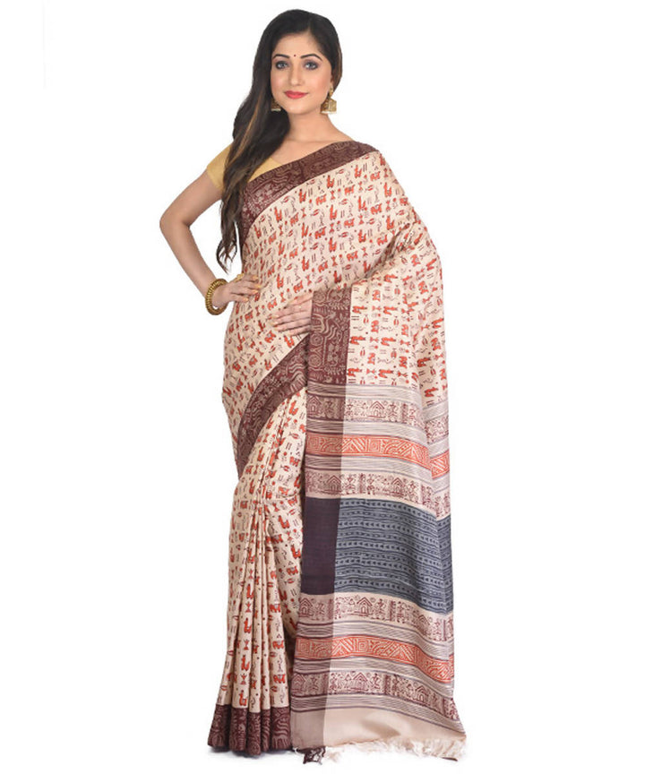 Beige handblock printed eri silk saree