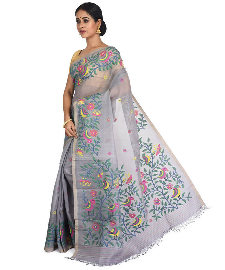 Steel grey bengal handloom mulberry silk jamdani saree