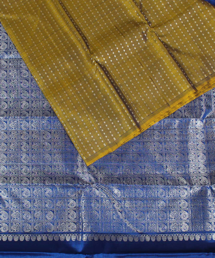 Blue, mustard, silver handwoven karnataka brocade silk saree