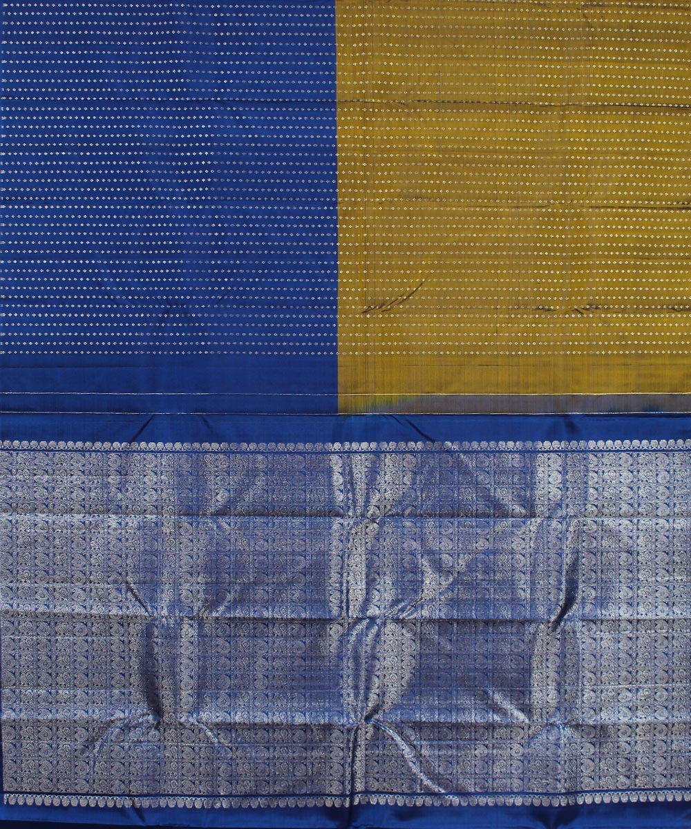 Blue, mustard, silver handwoven karnataka brocade silk saree