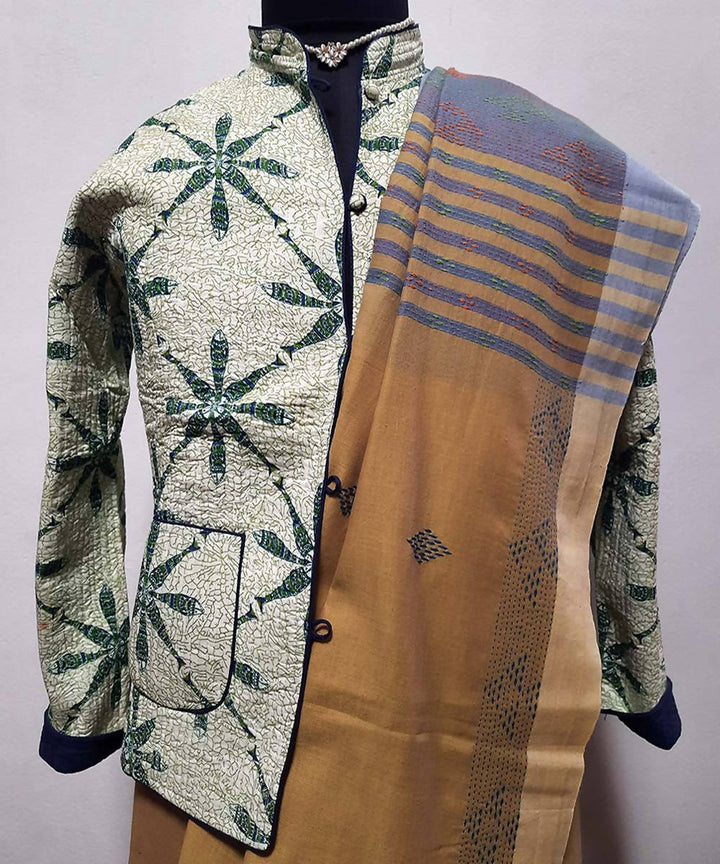 White and navy block printed reversible jacket with cotton quilting