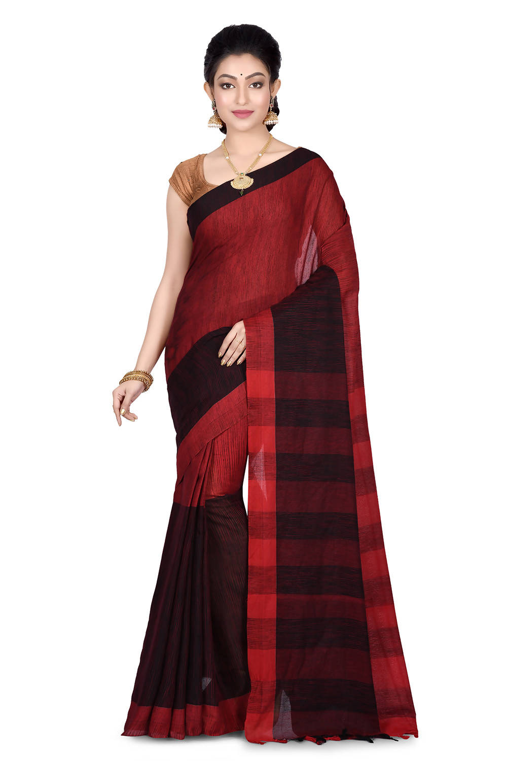 Handwoven Red and Black Cotton Saree