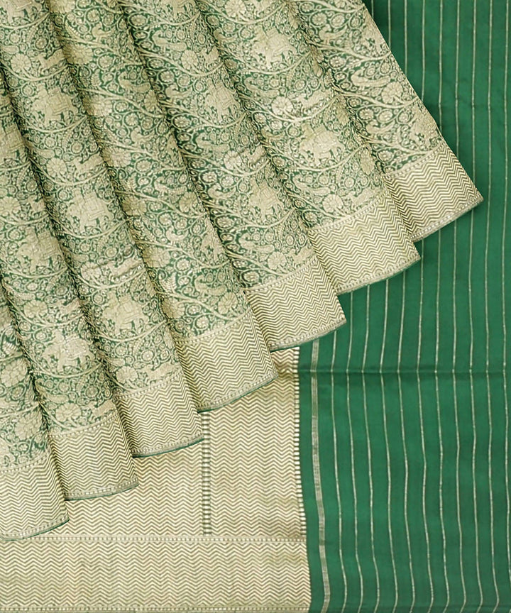 Bottle green beige handloom silk katan banarasi saree