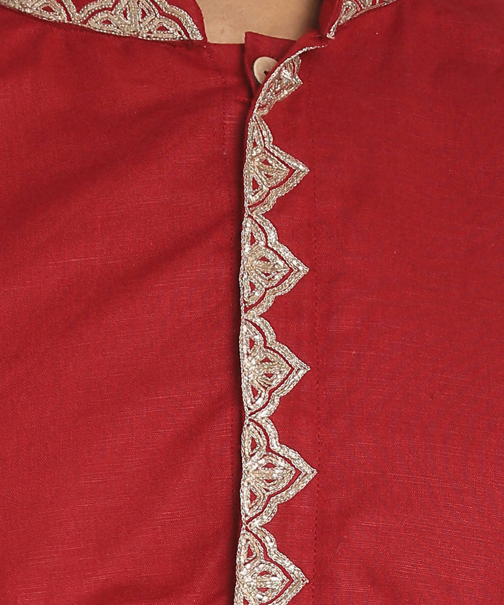 Maroon cotton linen zari embroidery long kurta