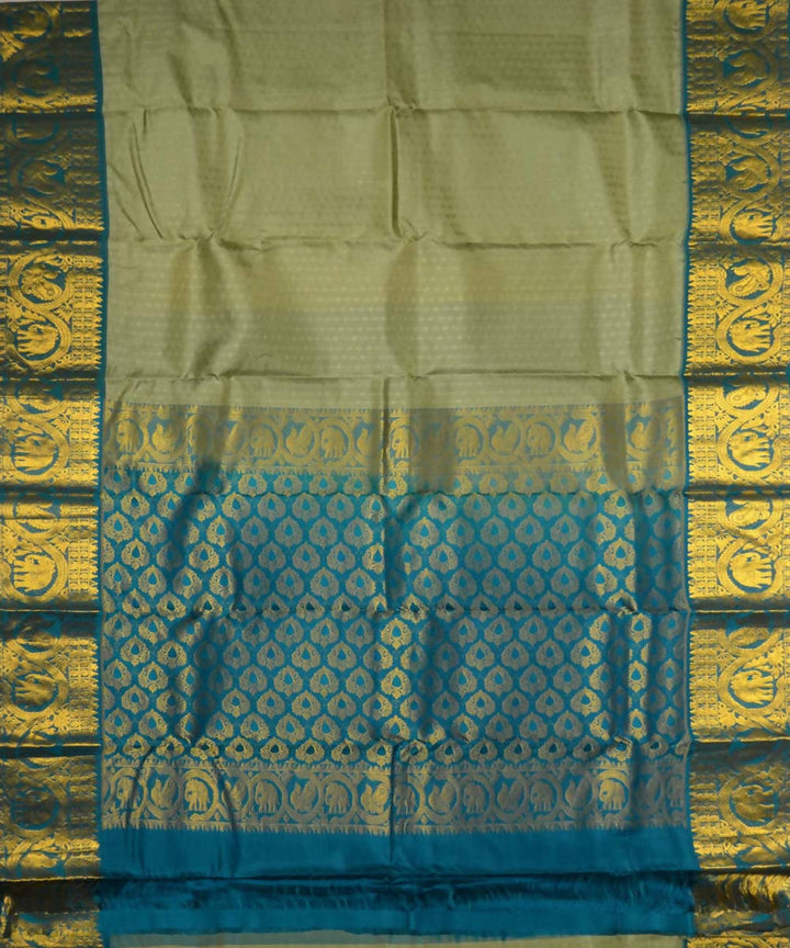 Grey Green Blue Handloom Embossed Work Dharmavaram Silk Saree