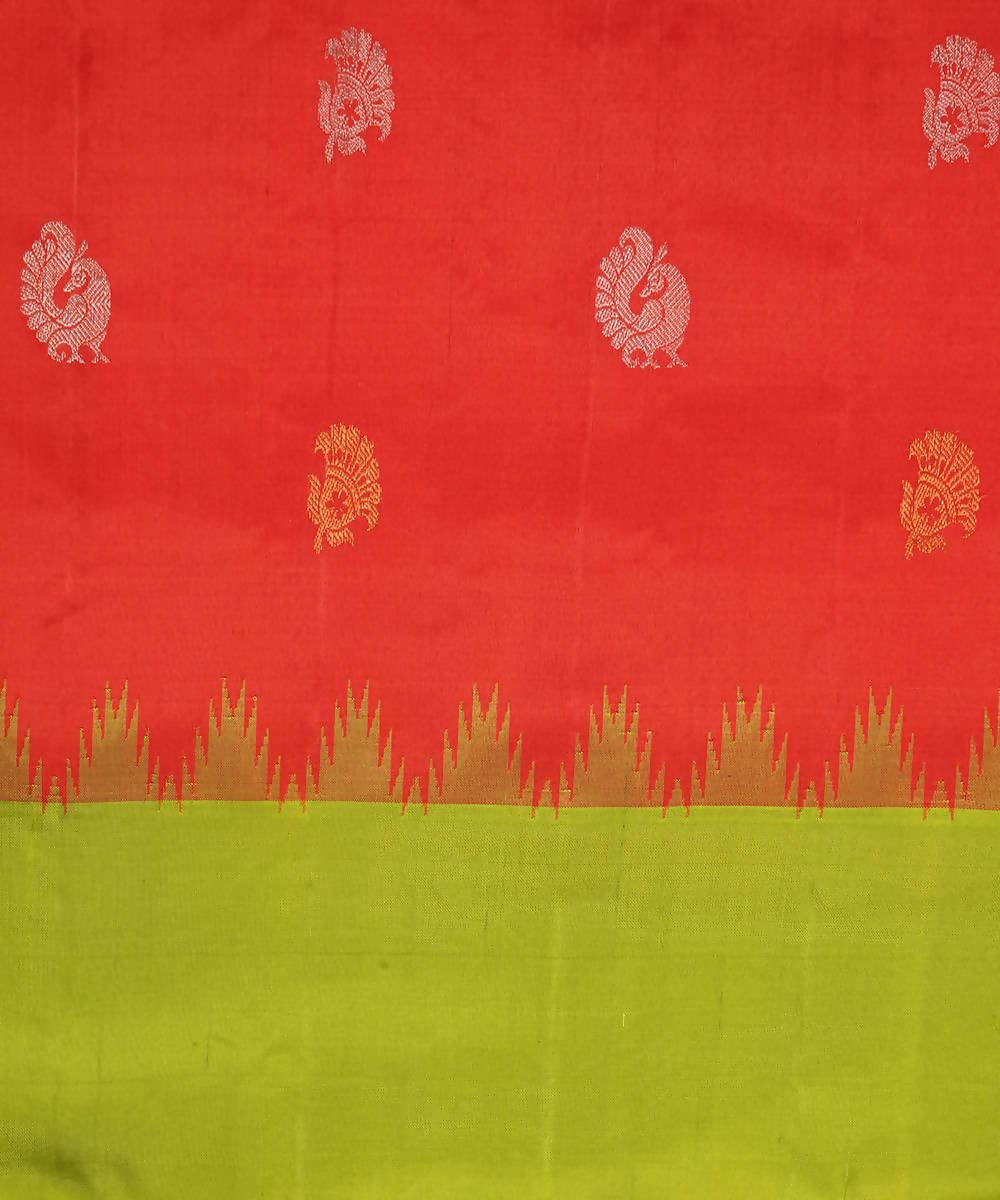 red green handloom gadwal silk saree with kuttu border