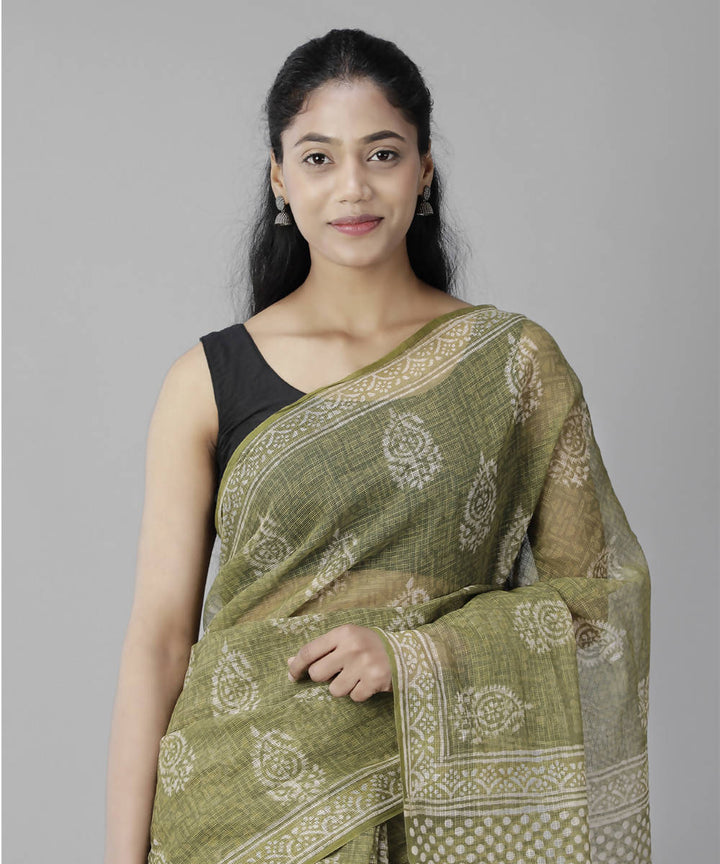 Olive green bagru handblock printed cotton saree