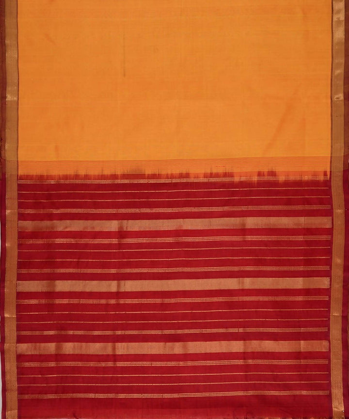 Mustard kanjivaram silk cotton saree with deep red border