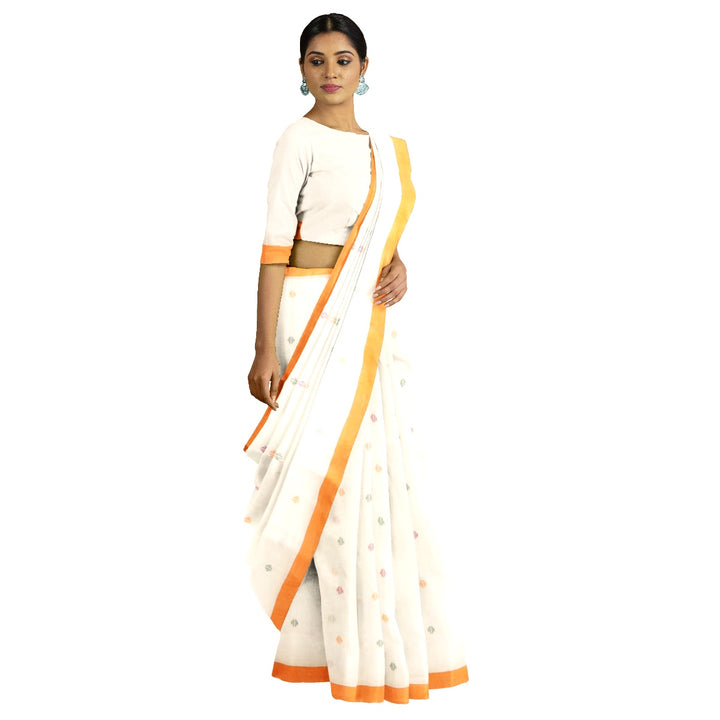 Tantuja beige and orange handloom cotton jamdani saree