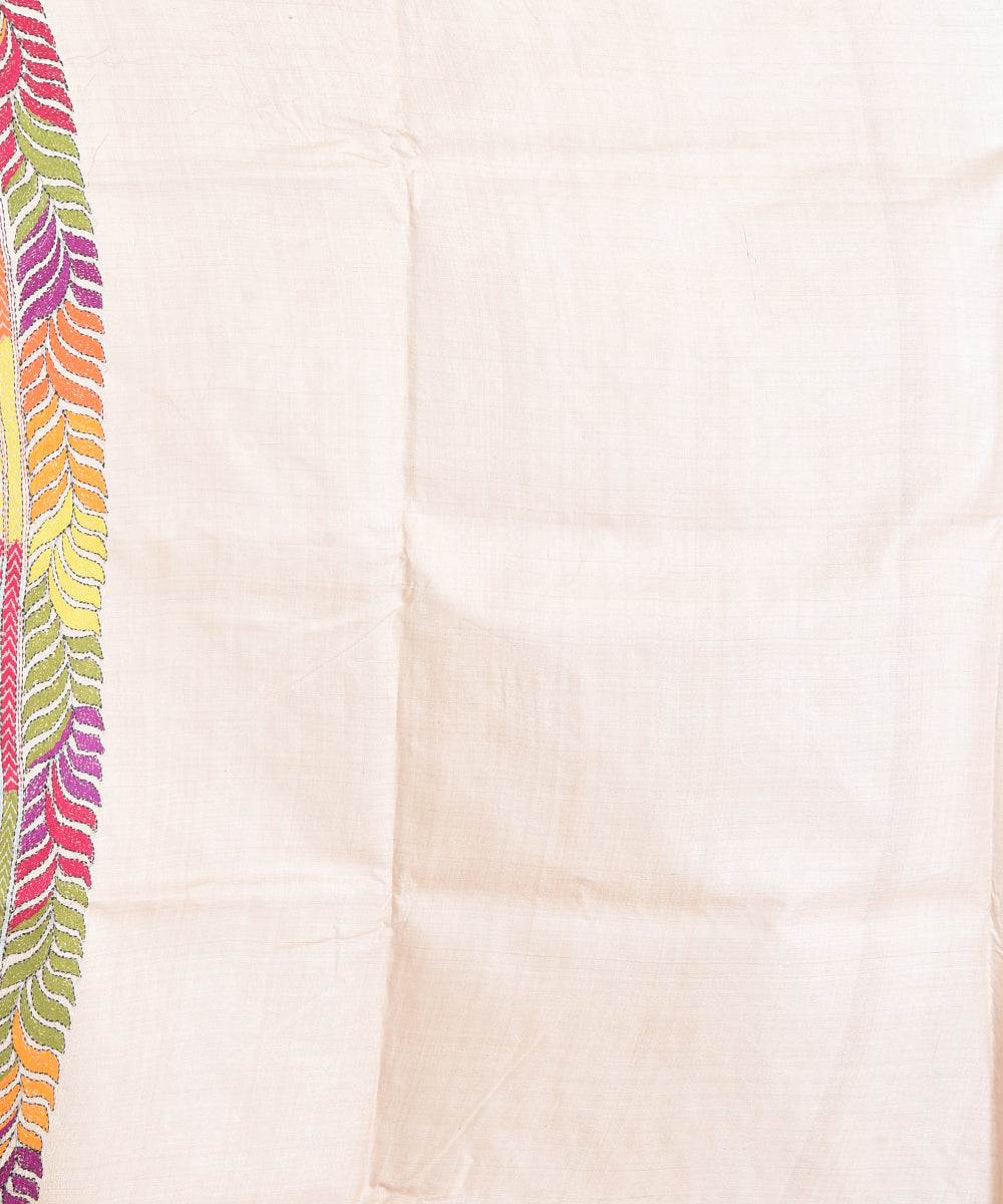 Beige multi color tussar silk hand embroidery saree
