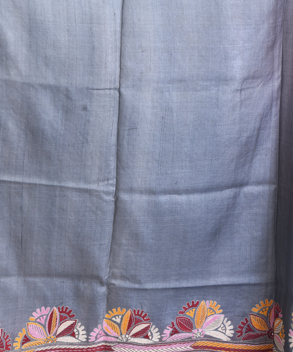 Maroon grey tussar silk hand embroidery saree