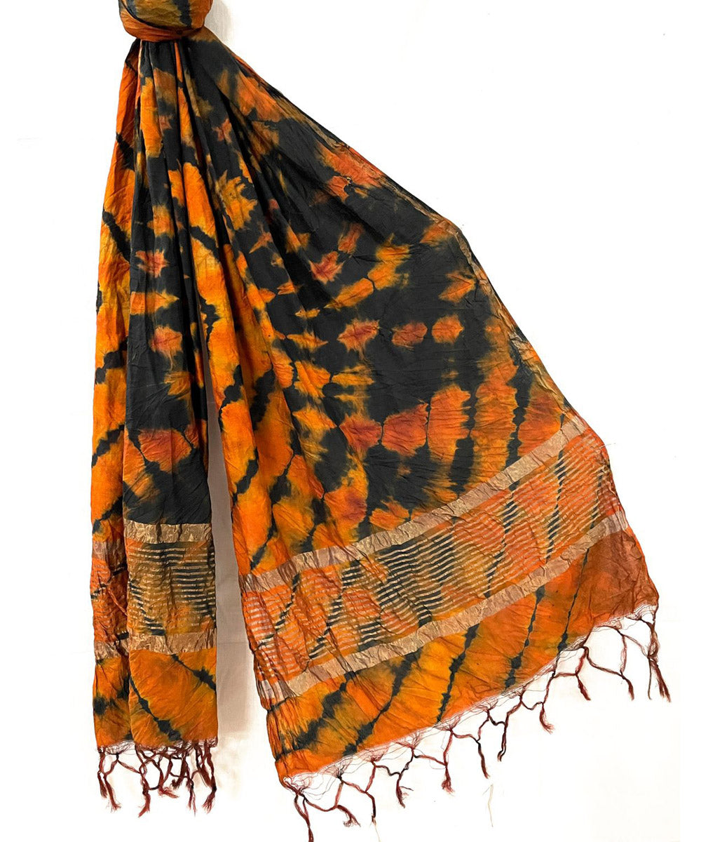 Tangerine black handwoven tie dye tussar silk stole