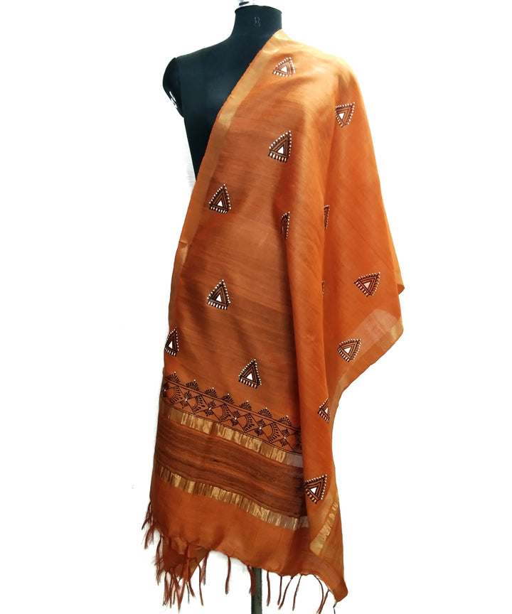 Golden orange silk hand painted godana art dupatta