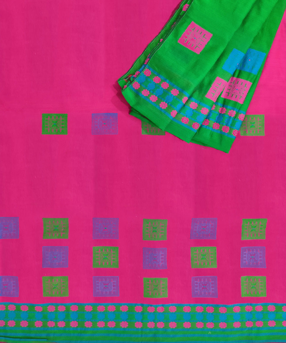 Pink green cotton handloom assam mekhela chador