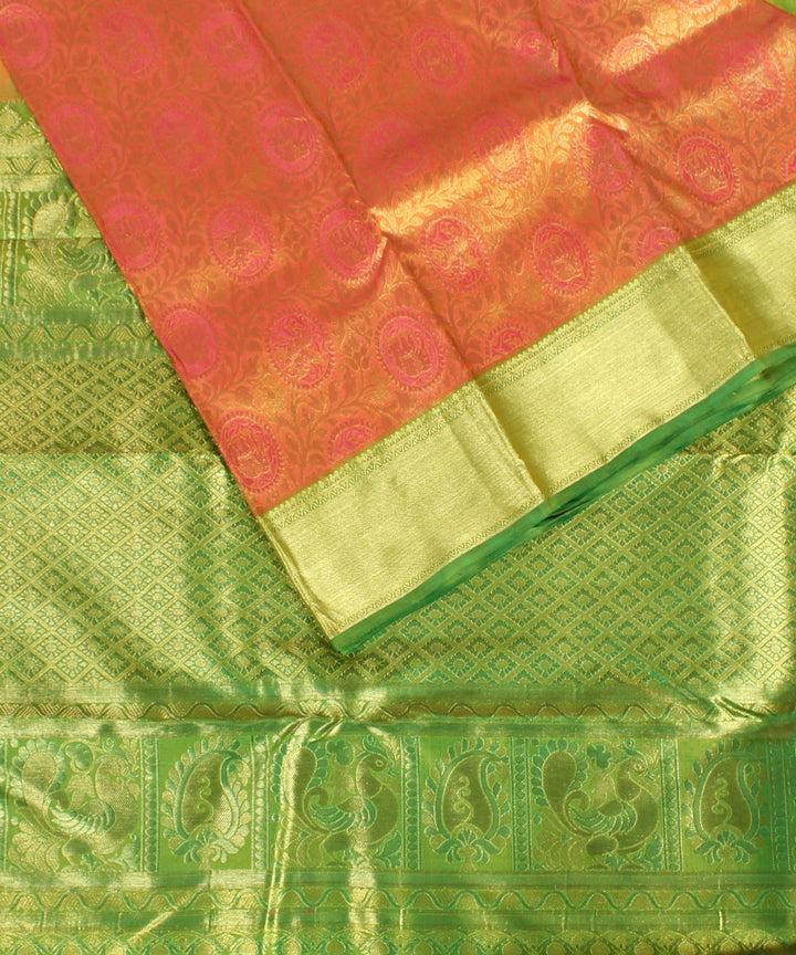 Orange light green handwoven karnataka brocade silk saree