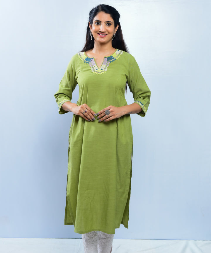 Olive green soi hand embroidery cotton kurta