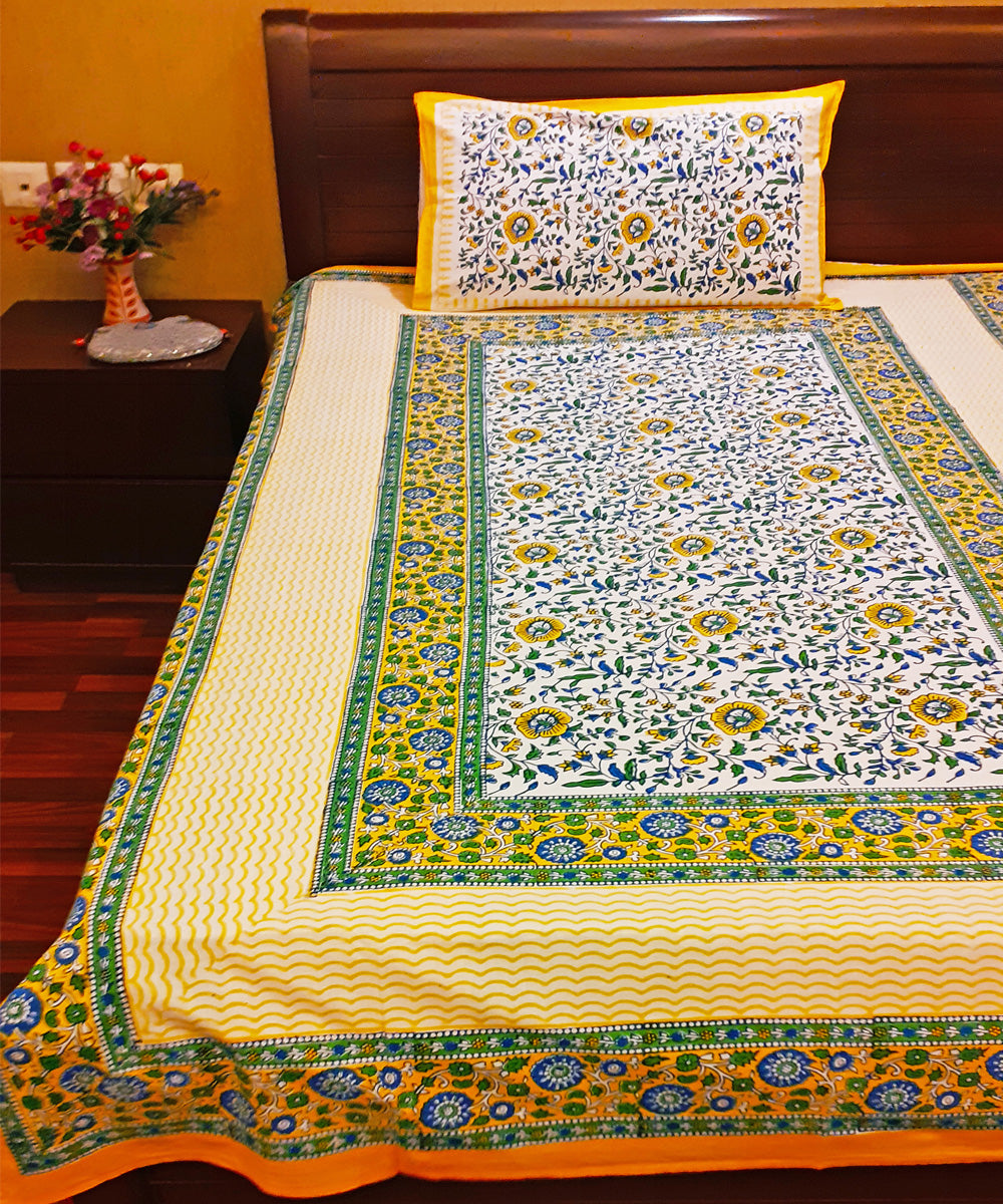 Cream green handblock print cotton single bed sheet with pillow cover