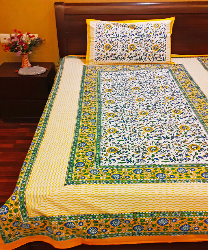 Cream green handblock print cotton single bed sheet with pillow cover
